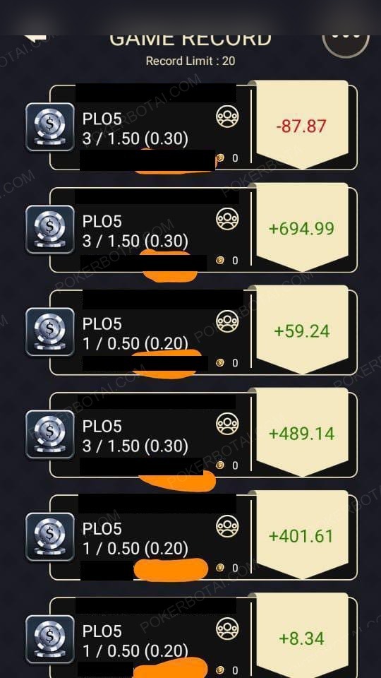 Pokerrrr2 · PLO5 盈亏截图（已隐去身份）